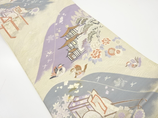 JAPANESE KIMONO / ANTIQUE FUKURO OBI / SILK / WOVEN TEMPLE & CARRIAGE